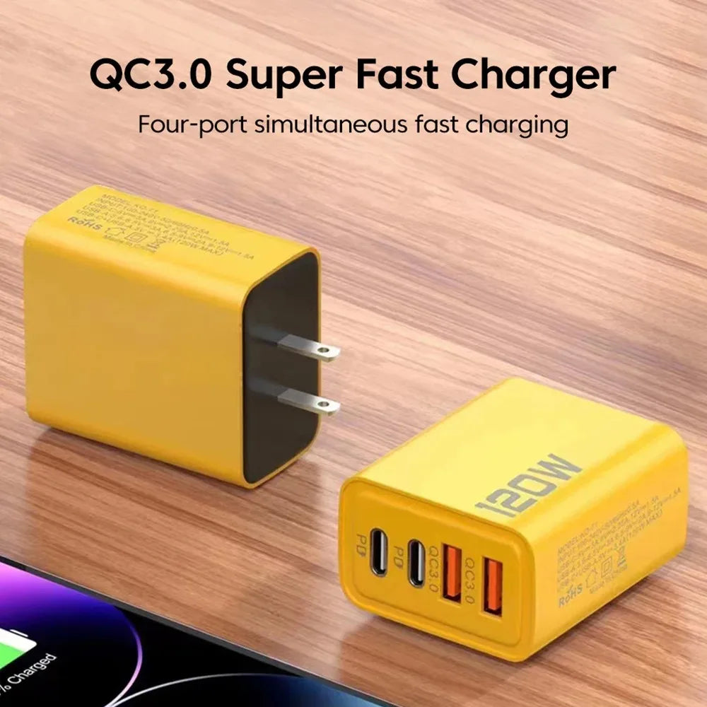 4 Ports USB C PD Charger Quick Charge 3.0 Type C USB Phone Chargers Fast Charging Adapter for Iphone 16 15 Samsung Xiaomi Huawei